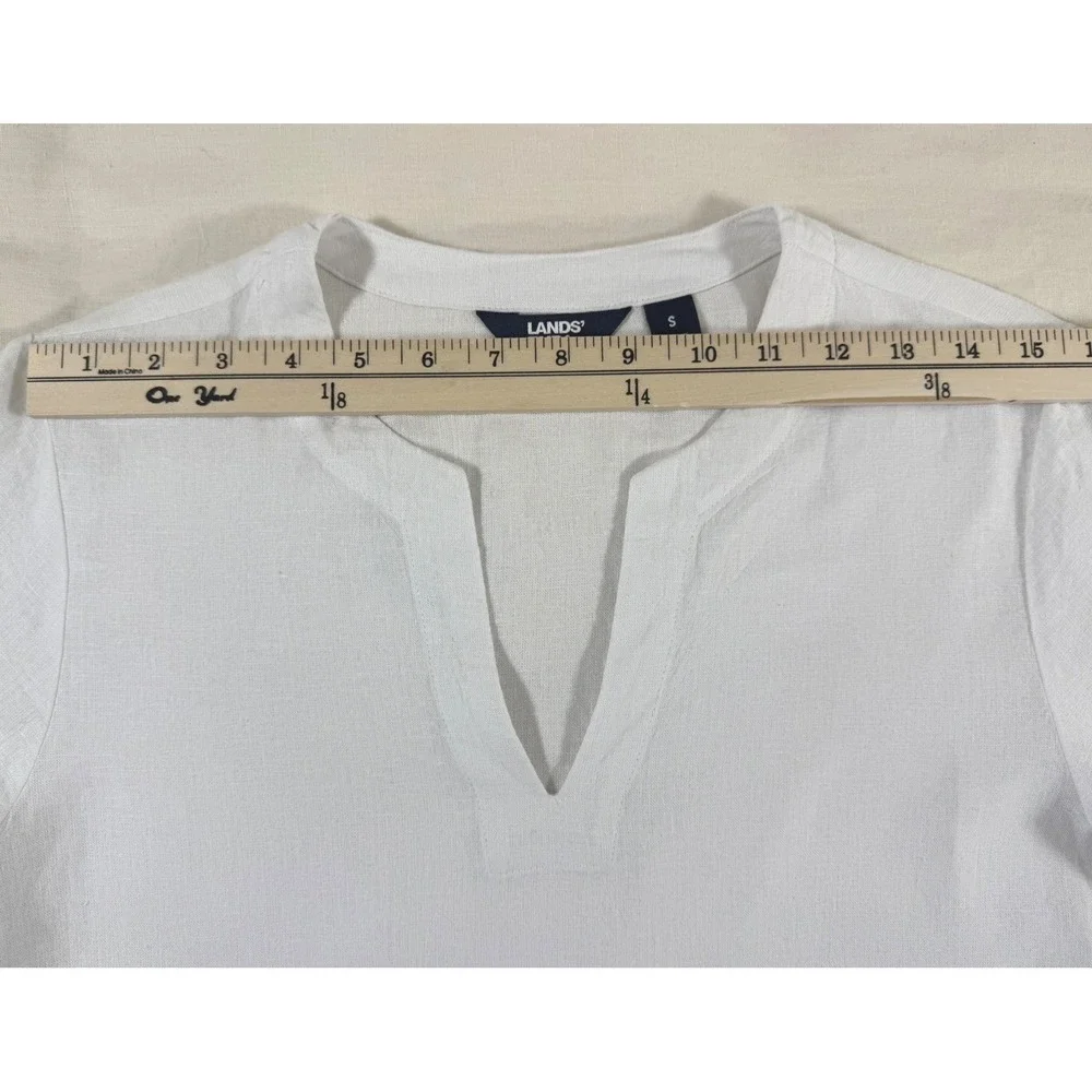 Lands' End White Linen Blend Split Neck Tunic Blouse S Coastal Resort Minimalist